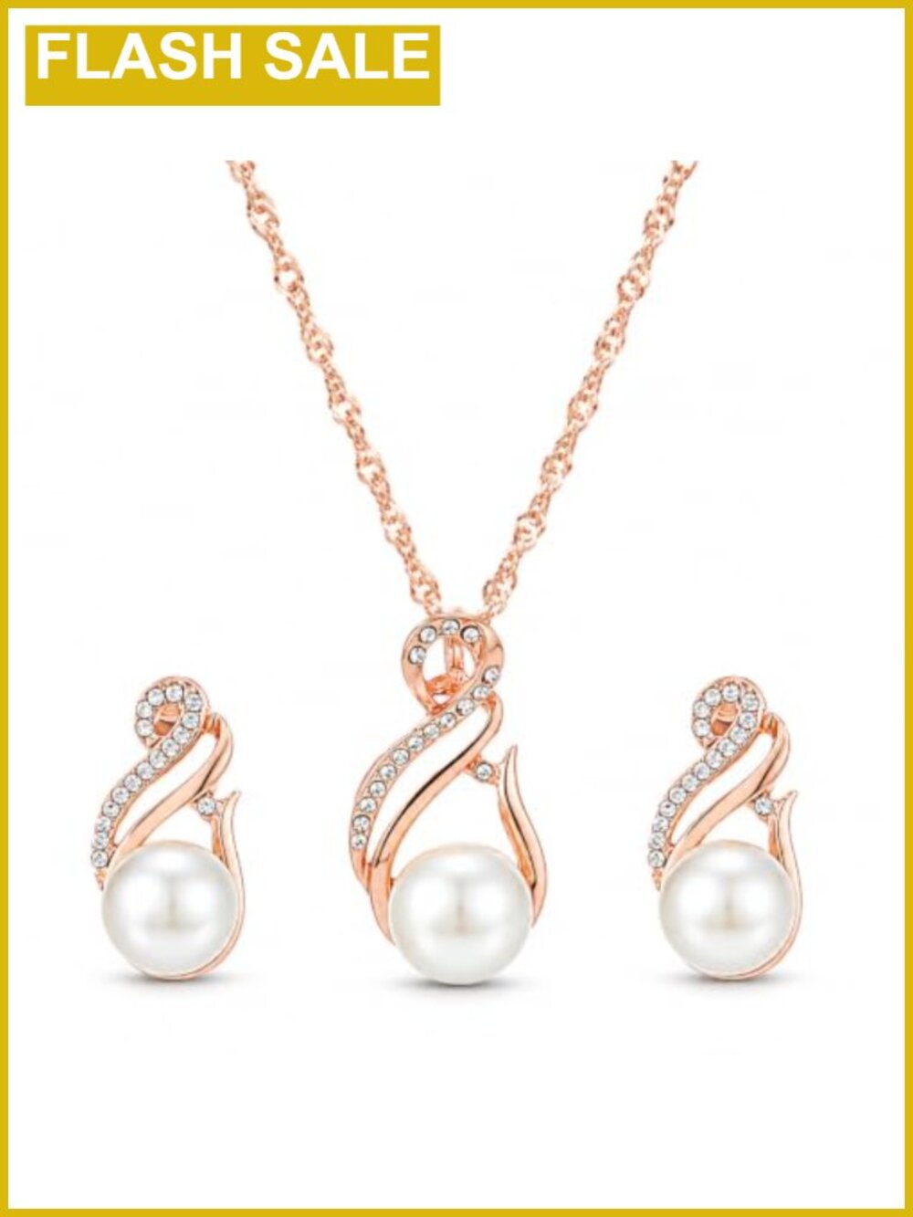 Rose Gold Plated Faux Pearl Cubic Zirconia Necklace Earrings Set